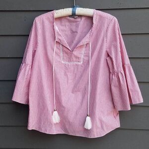 Mark New York Andrew Marc Red White Striped Peasant Shirt Medium